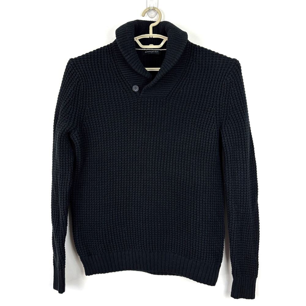 Banana Republic Black Waffle Popover Sweater Shawl Collar Men Medium 735028